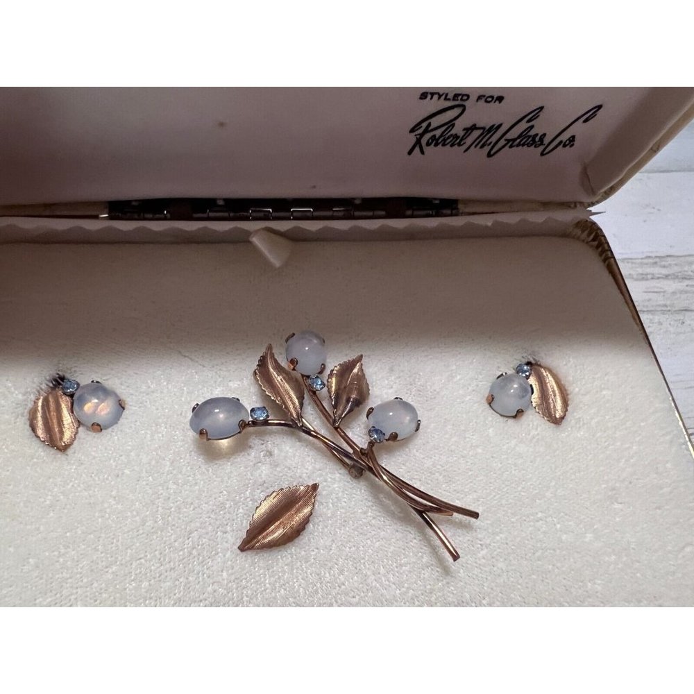Vintage Signed VAN DELL 12k Gold Filled Brooch & Scew-Back Earring Set Blue - Picture 2 of 16